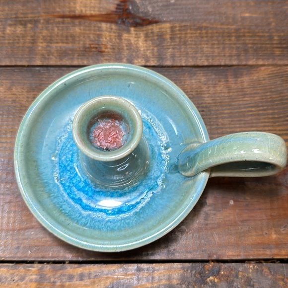 Studio Art Pottery Taper Candle Stick Holder Handmade Turquoise Color Stoneware - Picture 2 of 7